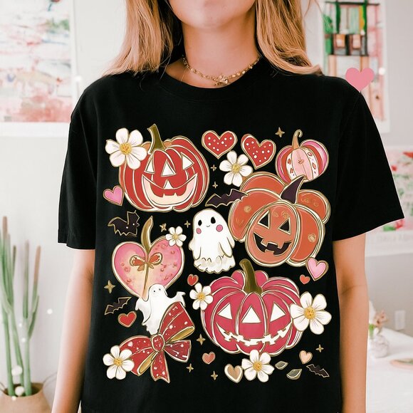 Next Level Tee In Black Featuring Cute Glitter Pumpkin Design - Picture 1 of 5
